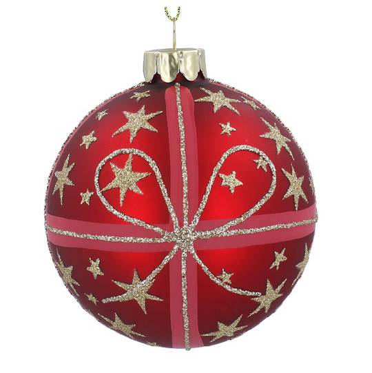 INDENT - Pack 12, Glass Ball Matt Red, Gold Stars & Bow 8cm